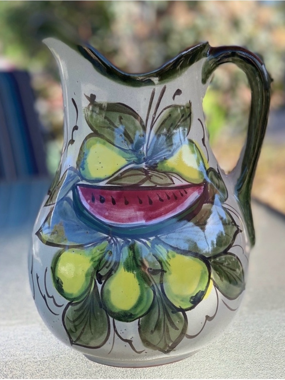 Mexican Hand Crafted Watermelon and Pear Design Terracotta Ceramic Pitcher